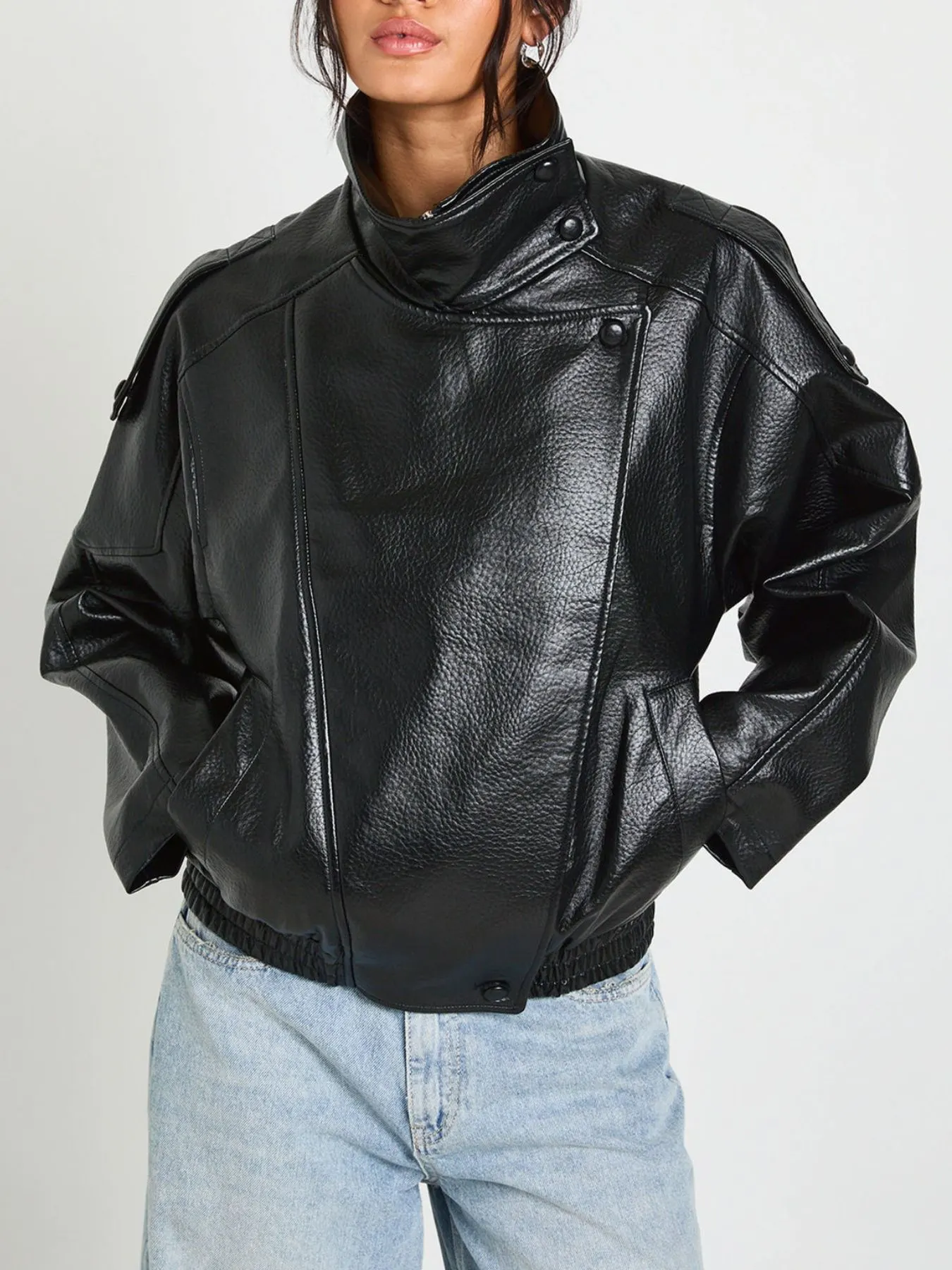 Faux Leather Moto Jacket with Asymmetrical Zip