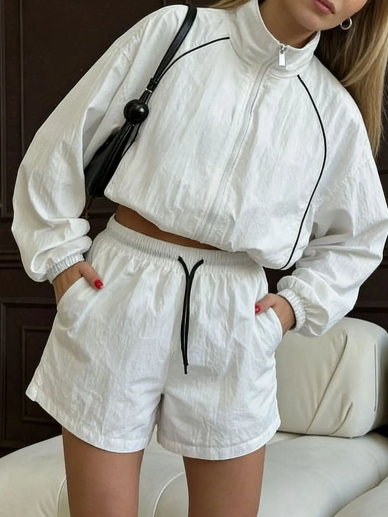Zip Up Long Sleeve Outerwear and Shorts Set