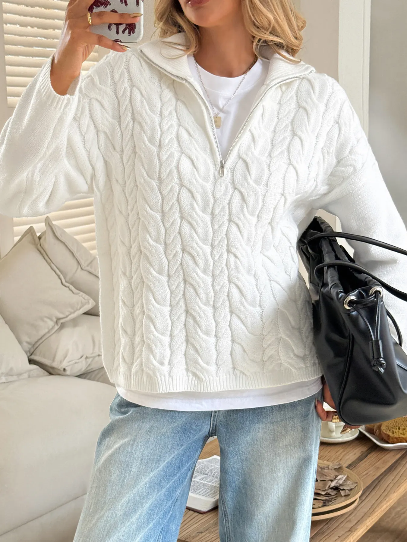 Zip Collar Cable-Knit Sweater