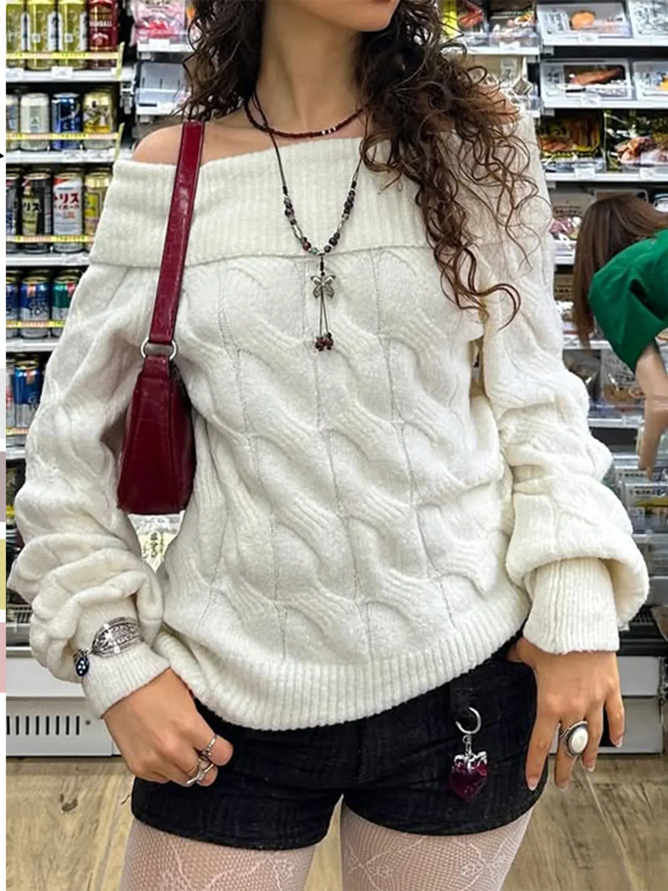 Cable Knit Off-Shoulder Sweater